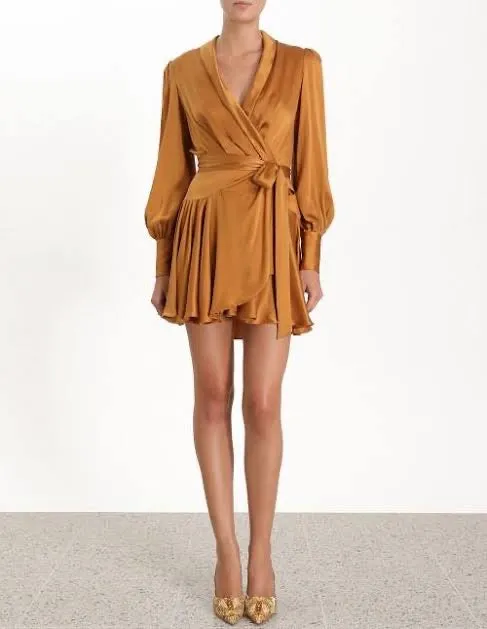 Silk Wrap Mini Dress (Sandalwood)