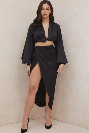 Silky Long Sleeve Crop High Low Slit Draped Satin Two Piece Dress - Black