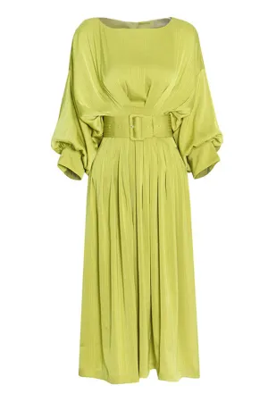 Silky Satin Boat Neck Belted Cinched Waist Half Sleeve Pleated Midi Dress