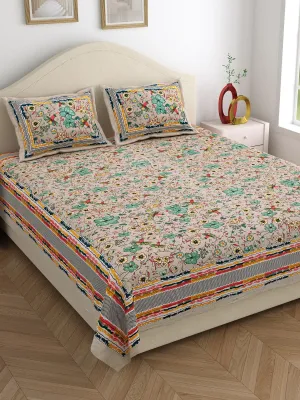 SILVATT King Size Jaipuri Cotton Bedsheet for Double Bed | Size 90x108 Inches (Pastel Bown Floral Print)