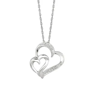 Silver 18 inches Rhodium Finish Shiny 1.1mm Cable Chain with Lobster Clasp 0.03Ct White Diamond One Small One Large Open Heart Pendant