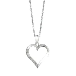 Silver 18 inches Rhodium Finish Shiny 1.1mm Cable Chain with Lobster Clasp 0.05Ct Diamond Fancy Open Heart Pendant