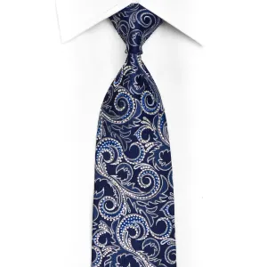 Silver Acanthus Scrolls On Blue Rhinestone Silk Necktie