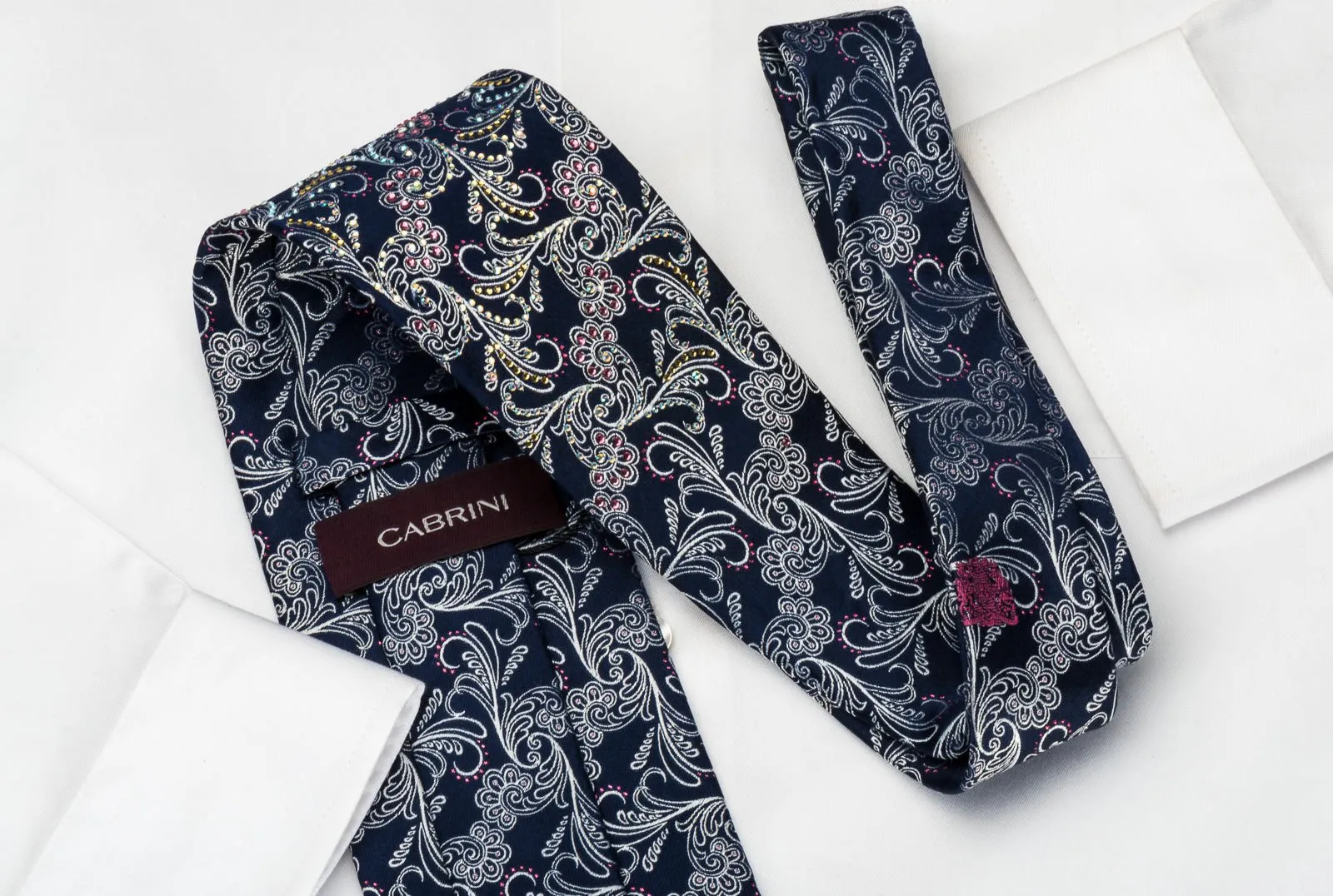 Silver Acanthus Scrolls On Navy Rhinestone Tie With Purple Sparkles