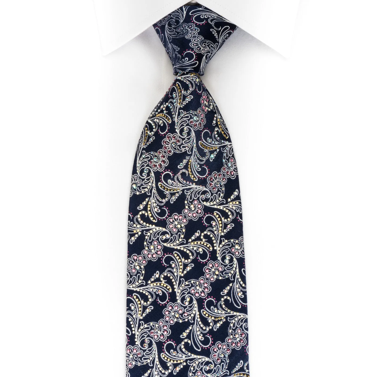 Silver Acanthus Scrolls On Navy Rhinestone Tie With Purple Sparkles