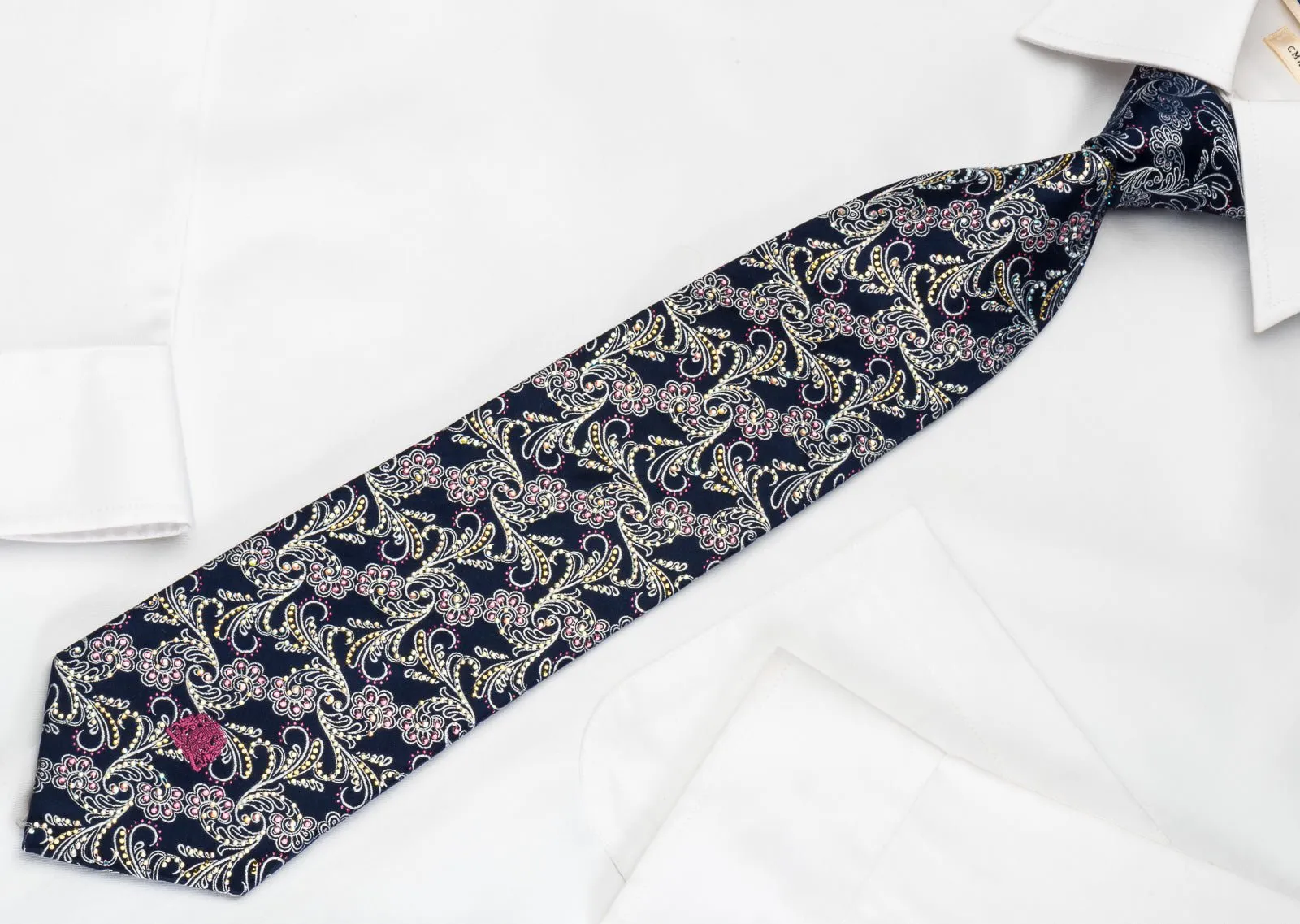 Silver Acanthus Scrolls On Navy Rhinestone Tie With Purple Sparkles