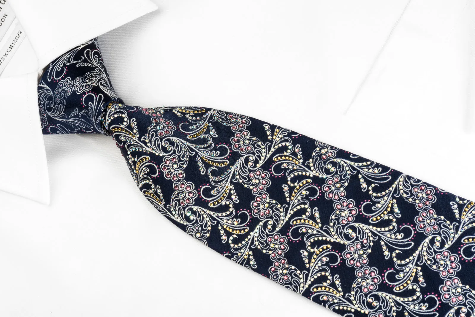 Silver Acanthus Scrolls On Navy Rhinestone Tie With Purple Sparkles