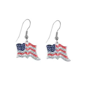 Silver American Flag Charm Dangle Earrings