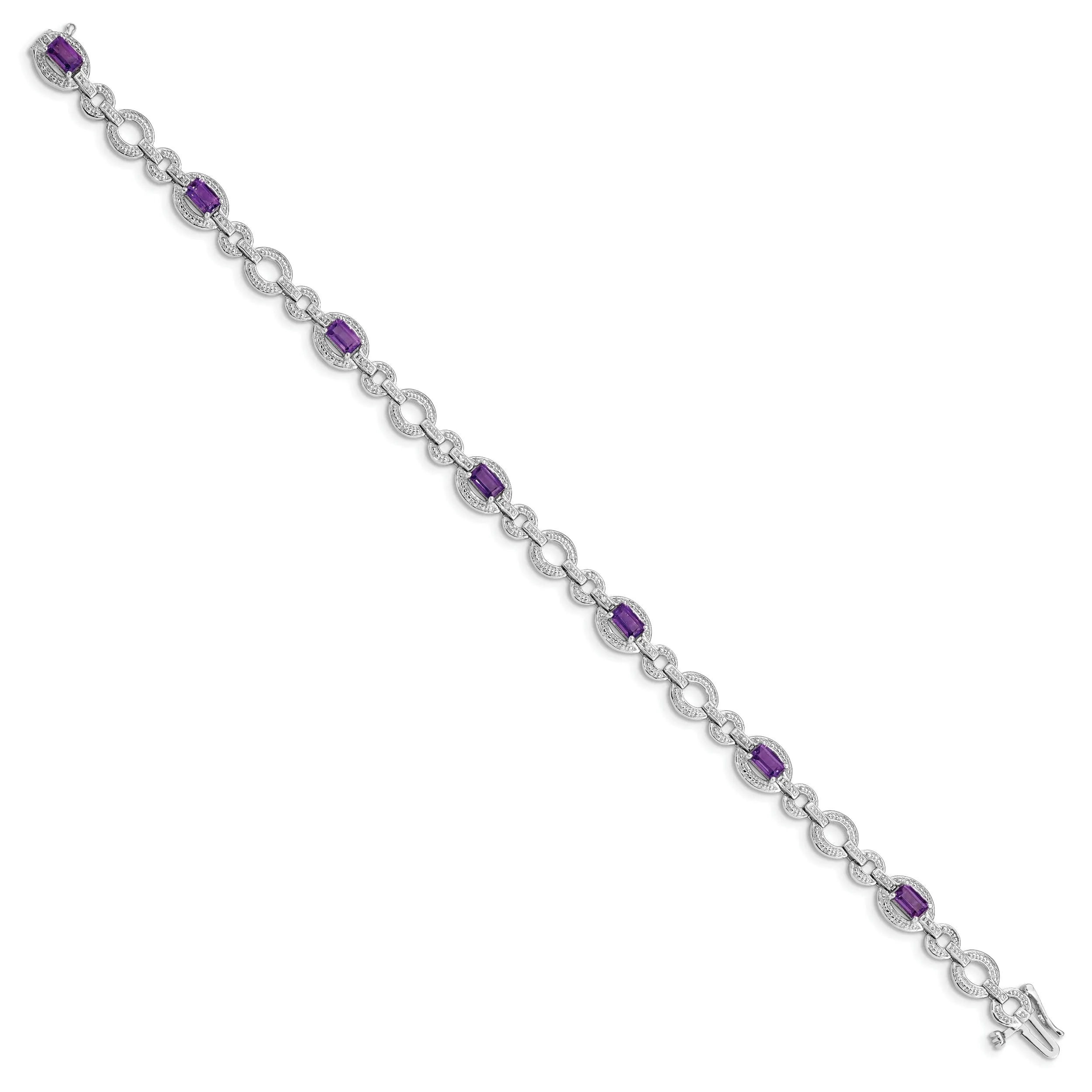 Silver Amethyst Gemstone Oval Link Bracelet