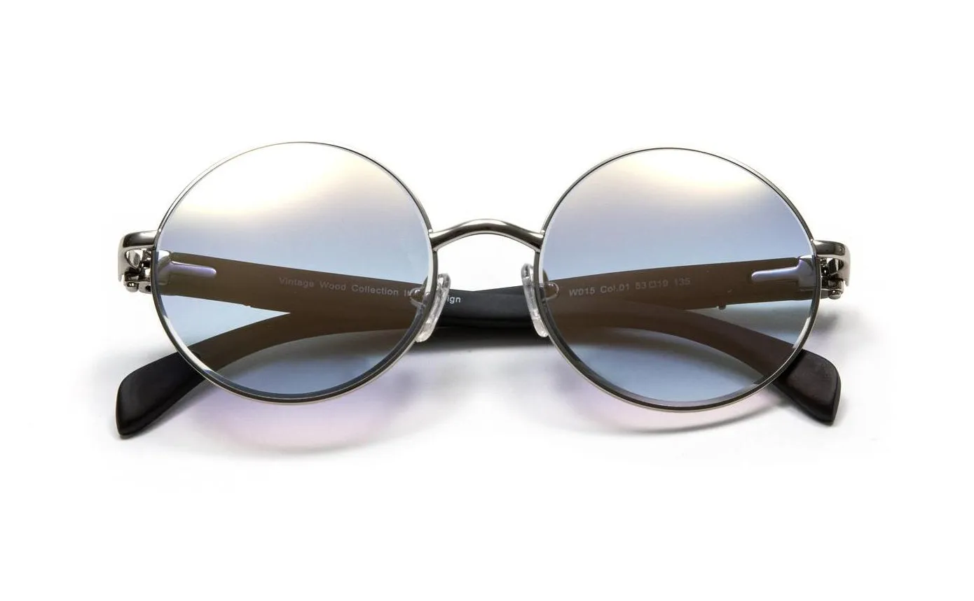 Silver & Black Round Wood Sunglasses, Gradient Grey   White Gold Mirror Lenses