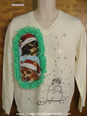 Silver and Bling Snowman Crafty Cat Ugly Christmas Sweater