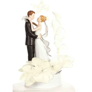 Silver and White Bride and Groom with Ivory Vintage Glitter Flower Wedding Cake Topper