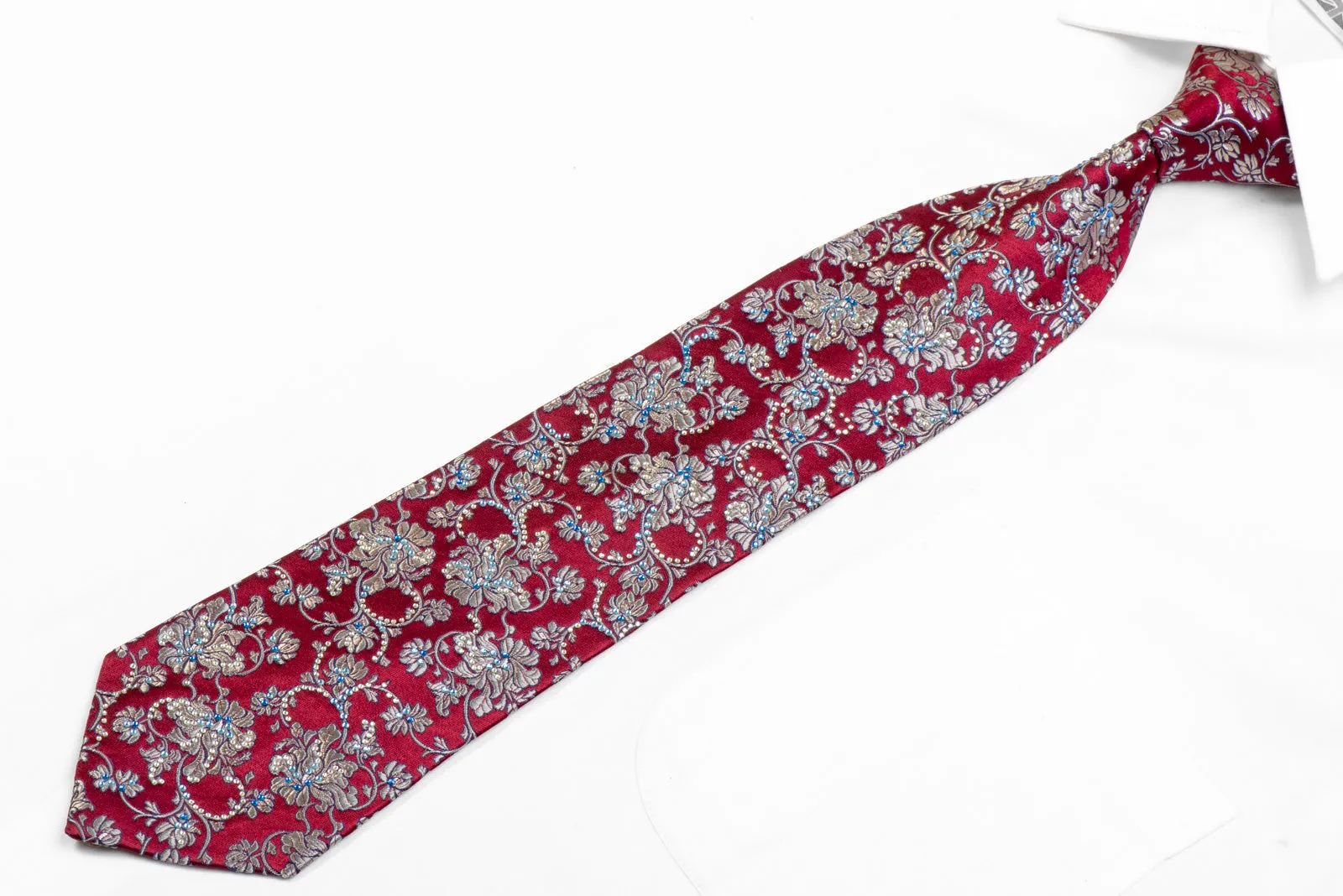 Silver Anthemion Floral On Burgundy Rhinestone Silk Tie