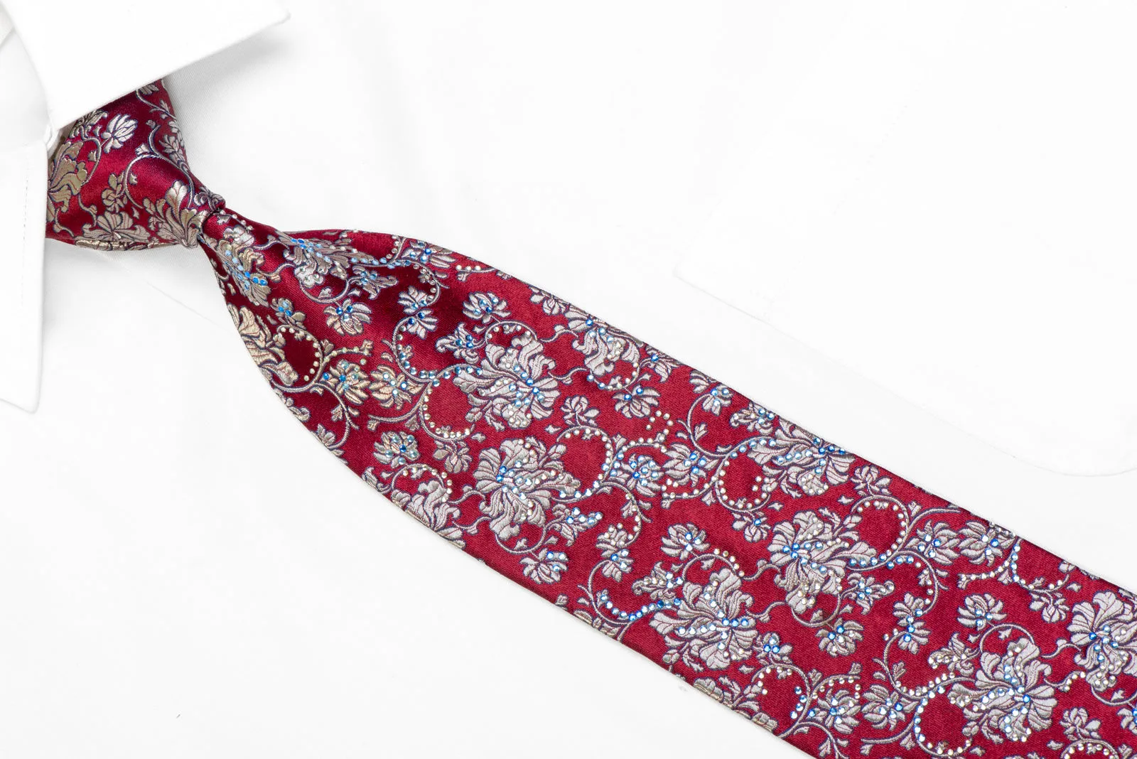 Silver Anthemion Floral On Burgundy Rhinestone Silk Tie