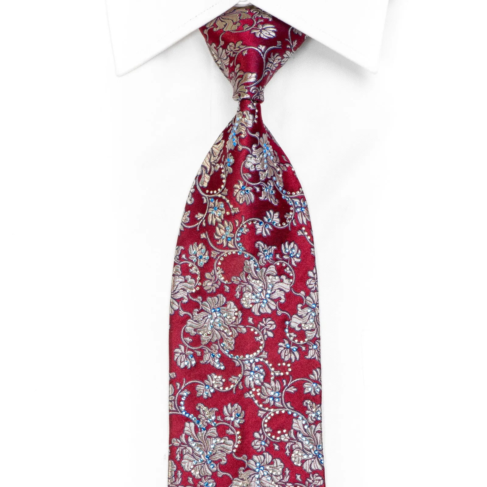 Silver Anthemion Floral On Burgundy Rhinestone Silk Tie