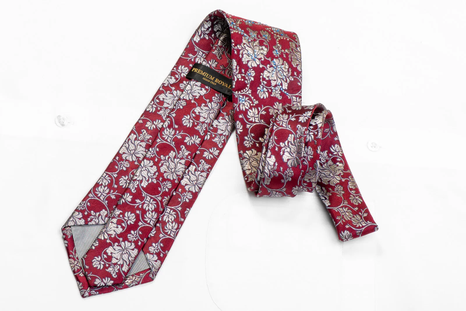 Silver Anthemion Floral On Burgundy Rhinestone Silk Tie