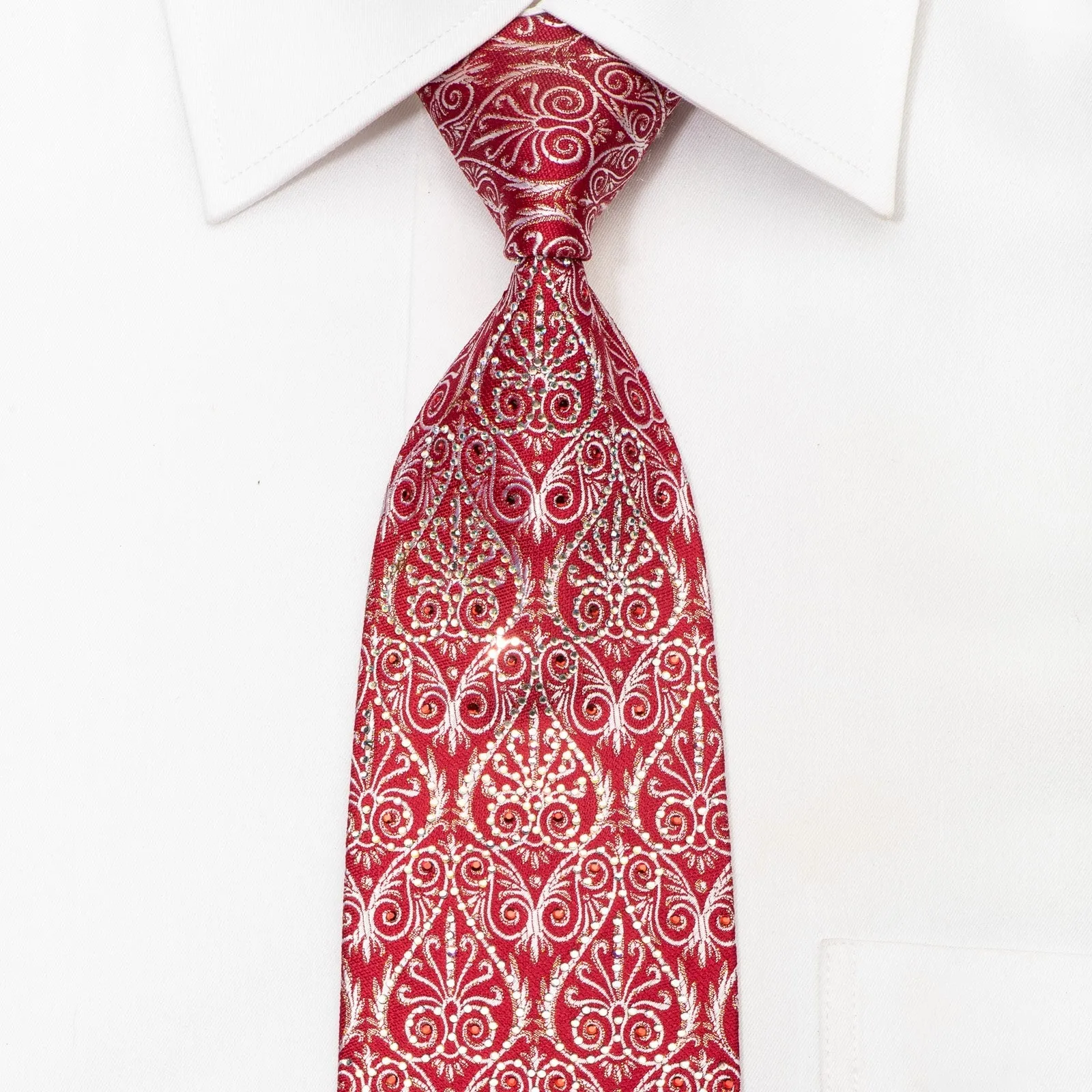 Silver Anthemion On Red Men's Rhinestone Silk Necktie With Silver Sparkles