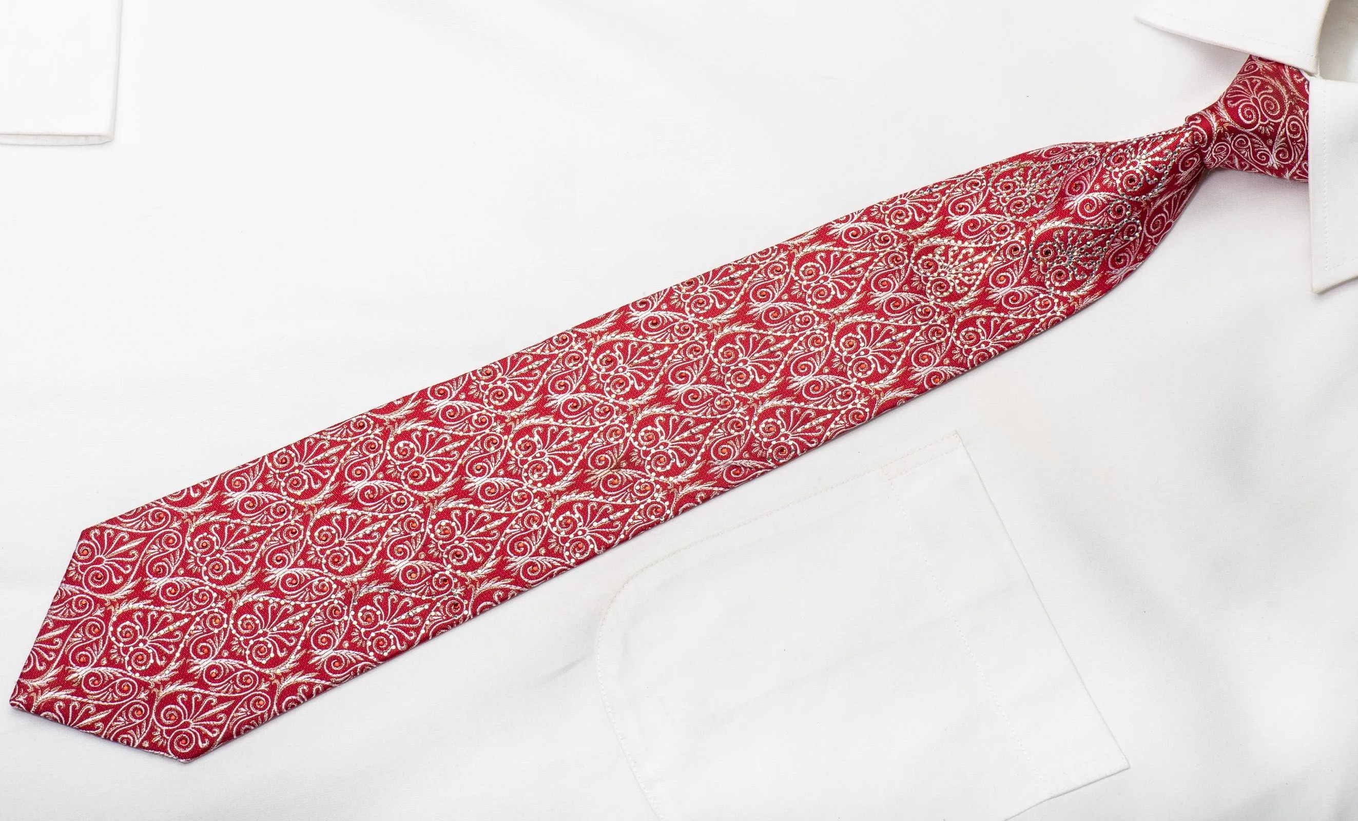 Silver Anthemion On Red Men's Rhinestone Silk Necktie With Silver Sparkles