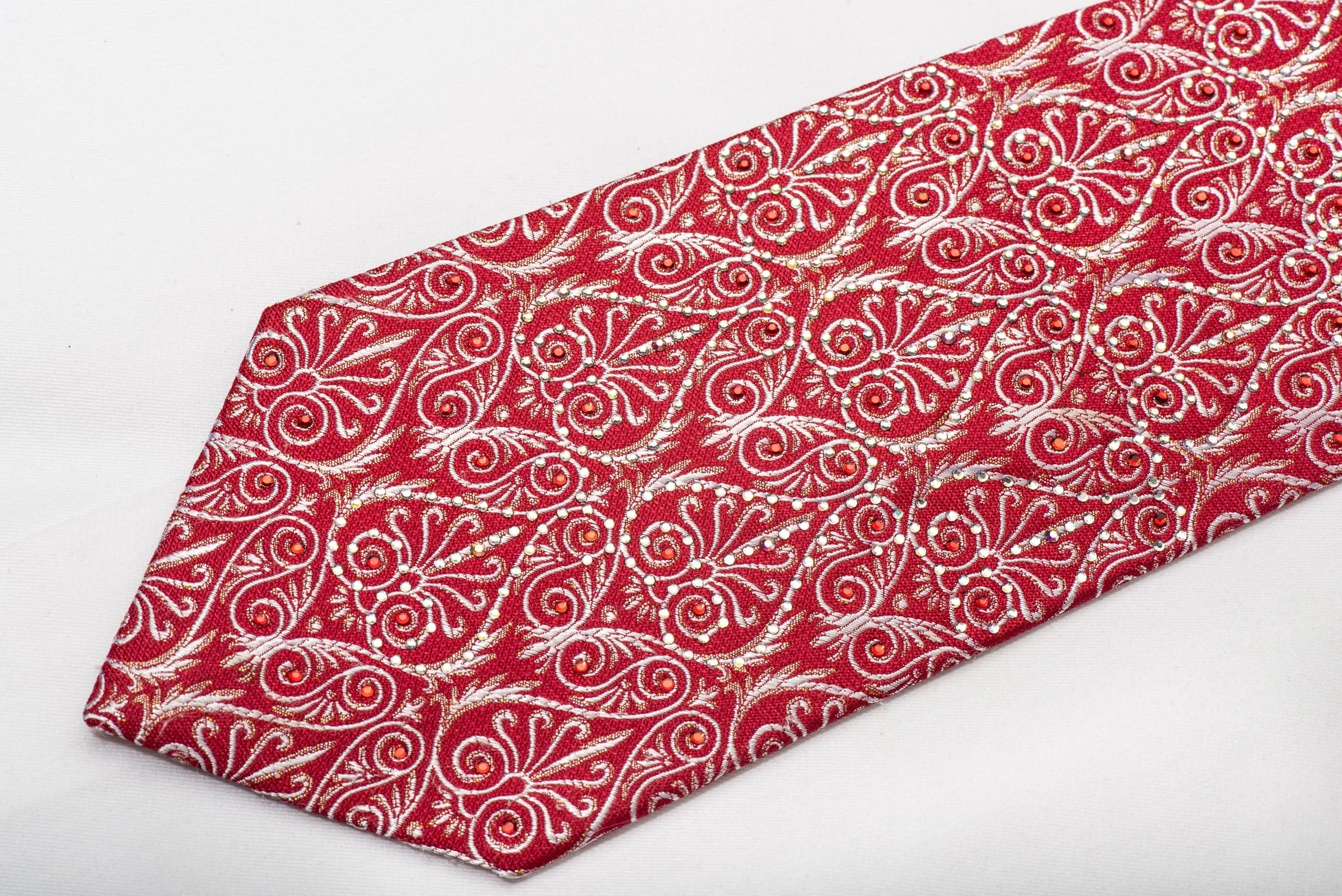 Silver Anthemion On Red Men's Rhinestone Silk Necktie With Silver Sparkles