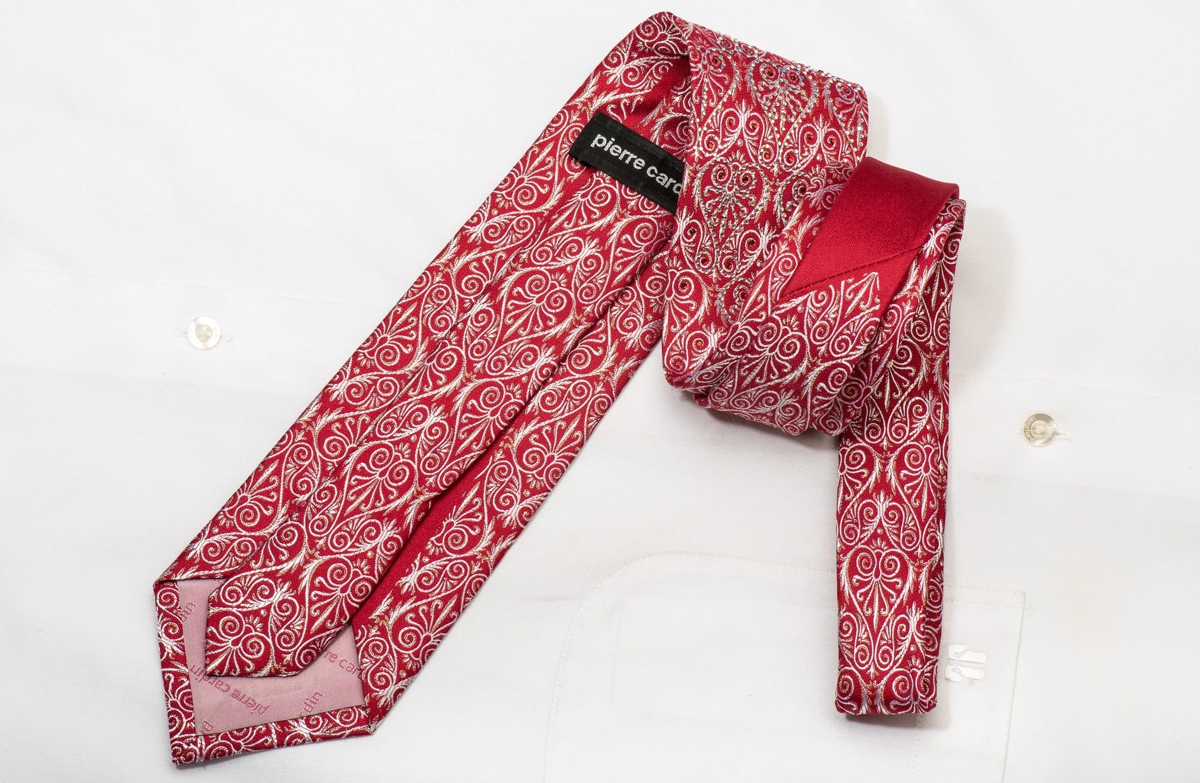 Silver Anthemion On Red Men's Rhinestone Silk Necktie With Silver Sparkles