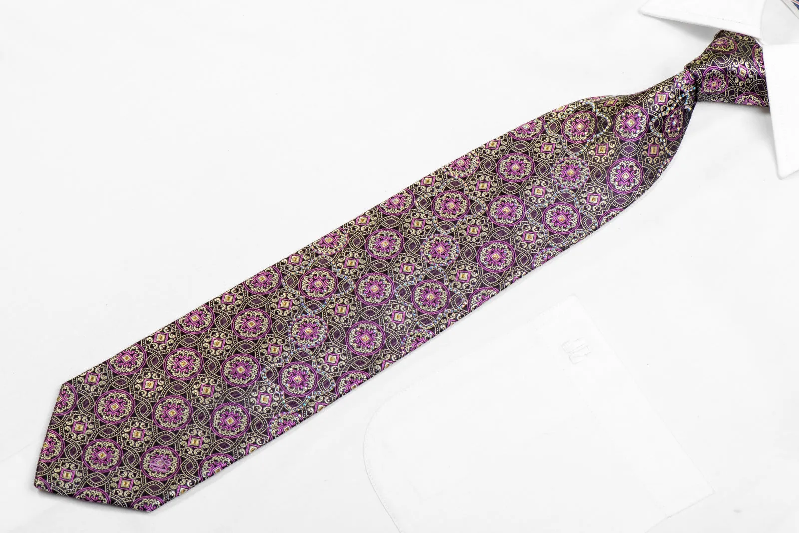 Silver Arabesque On Black Rhinestone Silk Necktie With Sparkles