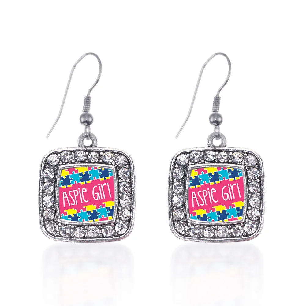 Silver Aspie Girl Square Charm Dangle Earrings