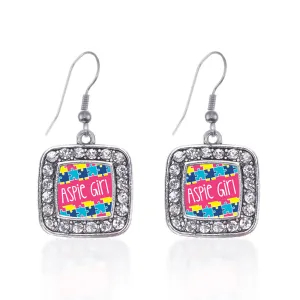 Silver Aspie Girl Square Charm Dangle Earrings