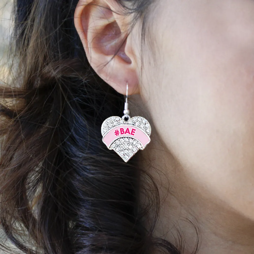 Silver #BAE Pink Candy Pave Heart Charm Dangle Earrings