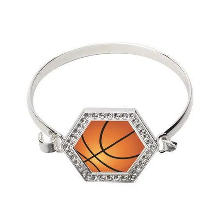 Silver Basketball Hexagon Charm Bangle Bracelet