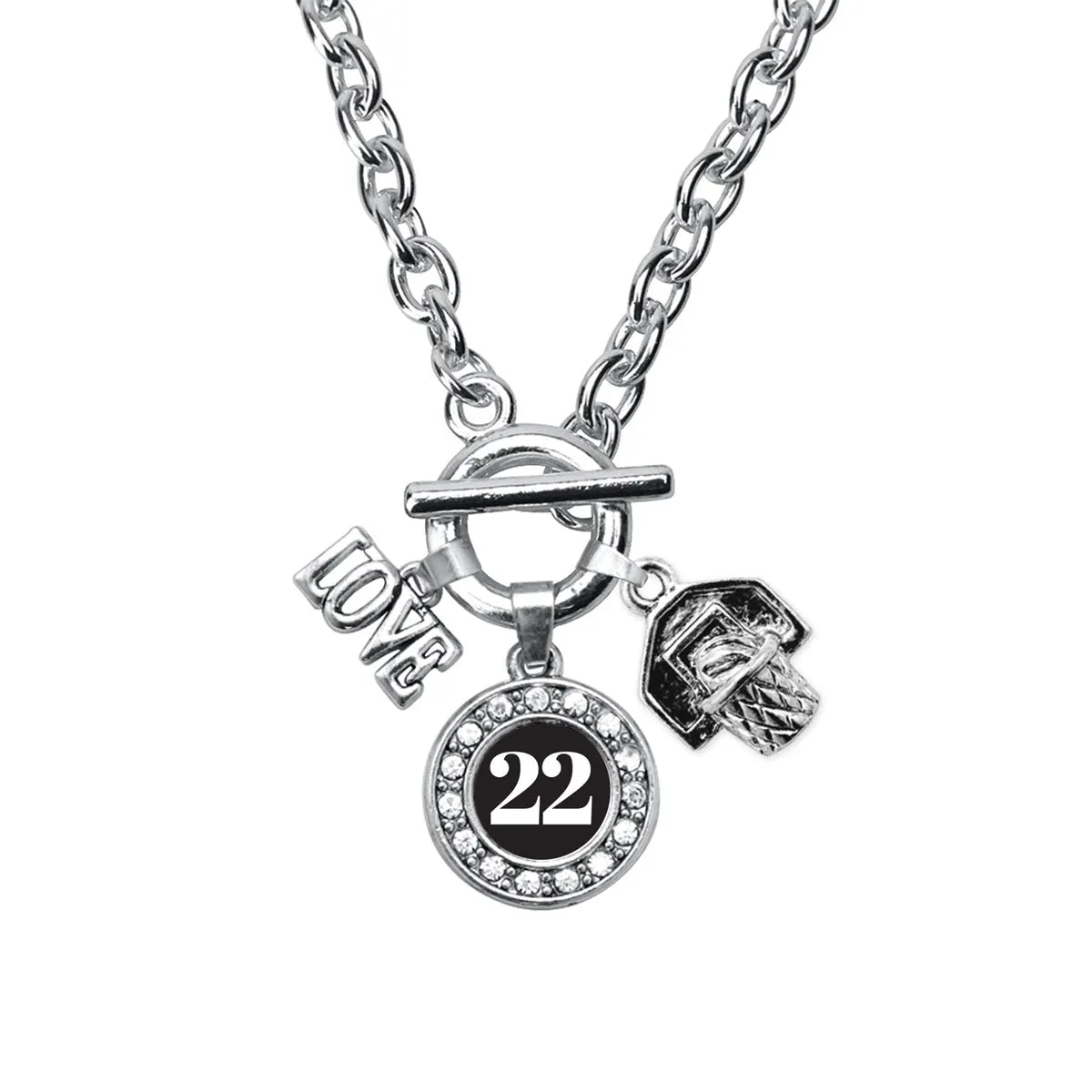 Silver Basketball Hoop - Sports Number 22 Circle Charm Toggle Necklace