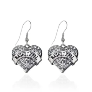 Silver Basketball Pave Heart Charm Dangle Earrings