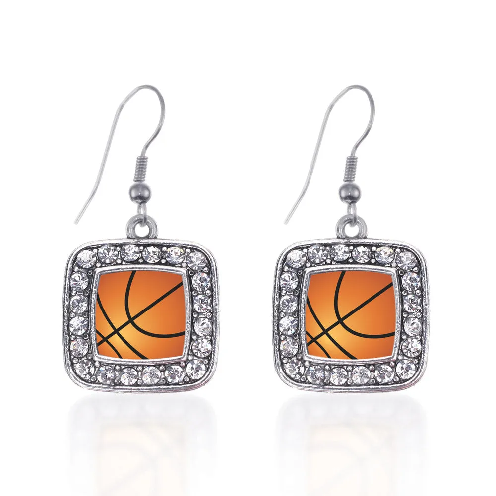 Silver Basketball Square Charm Dangle Earrings