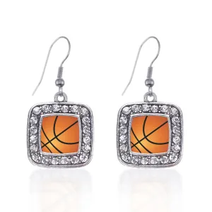 Silver Basketball Square Charm Dangle Earrings