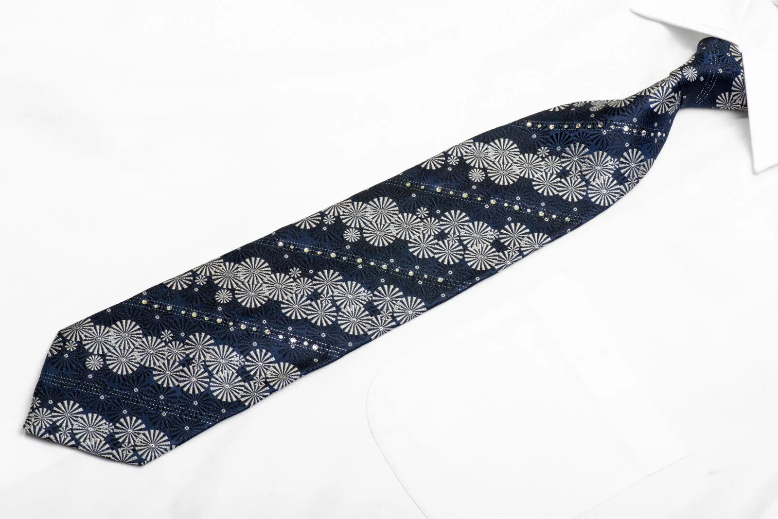 Silver Black Geometric On Navy Silk Tie With Swarovski Crystal Rhinestones