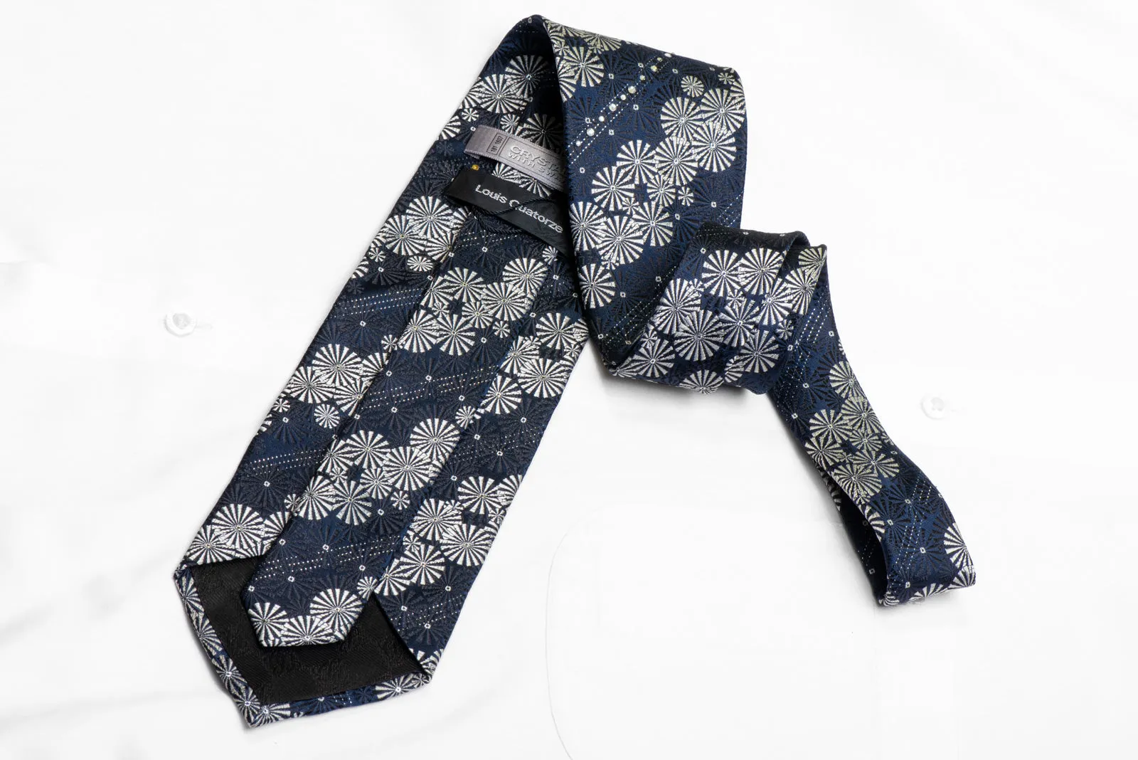 Silver Black Geometric On Navy Silk Tie With Swarovski Crystal Rhinestones