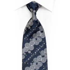 Silver Black Geometric On Navy Silk Tie With Swarovski Crystal Rhinestones