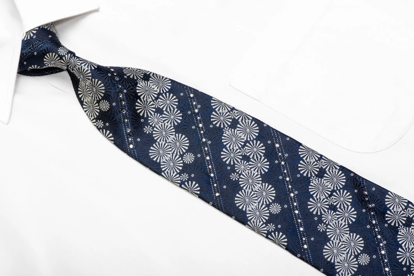 Silver Black Geometric On Navy Silk Tie With Swarovski Crystal Rhinestones