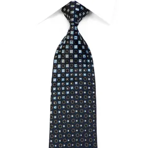 Silver Blue Geometric On Black Rhinestone Silk Tie With Sparkles