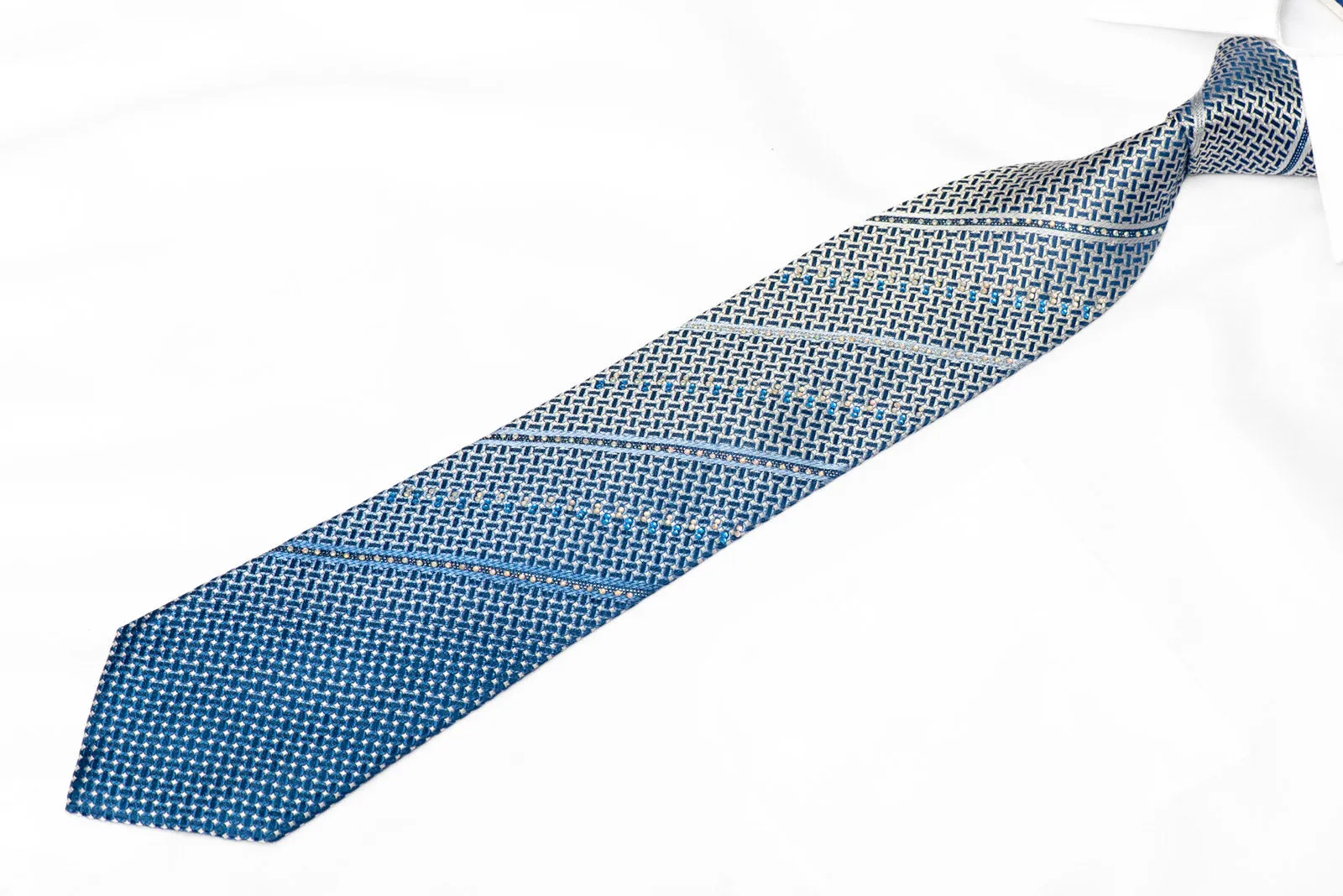 Silver Blue Geometric Striped Rhinestone Silk Tie With Sparkles