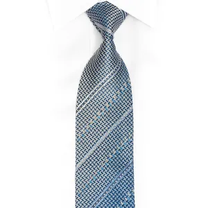 Silver Blue Geometric Striped Rhinestone Silk Tie With Sparkles