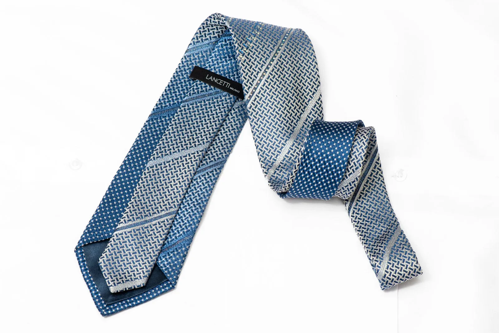 Silver Blue Geometric Striped Rhinestone Silk Tie With Sparkles