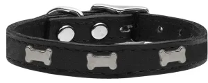 Silver Bone Widget Genuine Leather Dog Collar Black 22