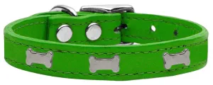 Silver Bone Widget Genuine Leather Dog Collar Emerald Green 16