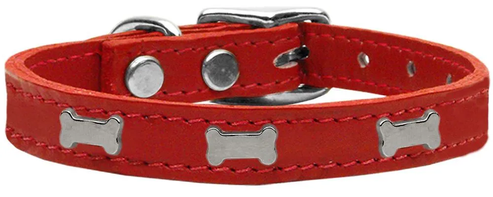 Silver Bone Widget Genuine Leather Dog Collar Red 16