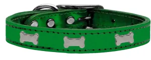 Silver Bone Widget Genuine Metallic Leather Dog Collar Emerald Green 20