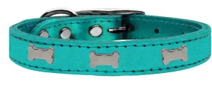 Silver Bone Widget Genuine Metallic Leather Dog Collar Turquoise 10