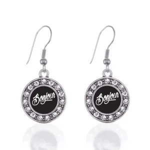 Silver Bonjour Circle Charm Dangle Earrings