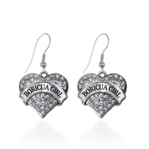 Silver Boricua Girl Pave Heart Charm Dangle Earrings