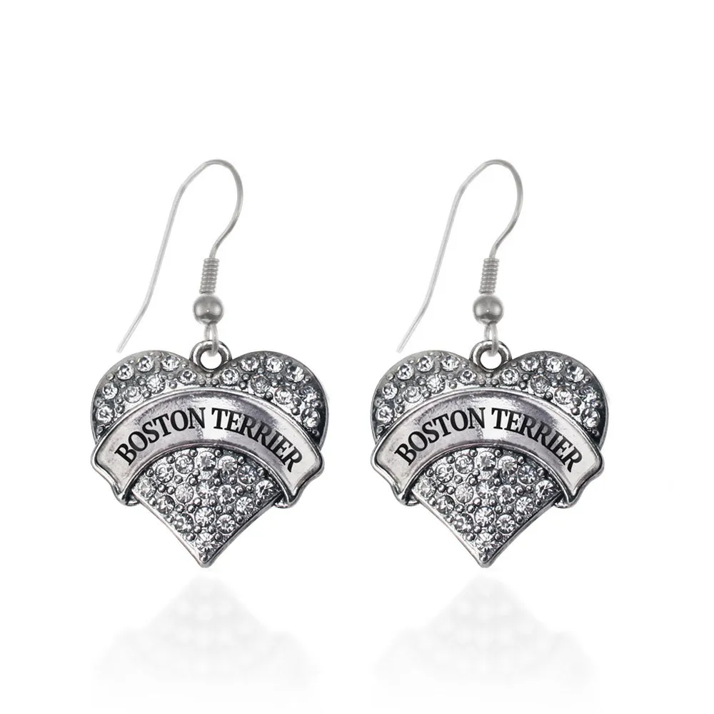 Silver Boston Terrier Pave Heart Charm Dangle Earrings