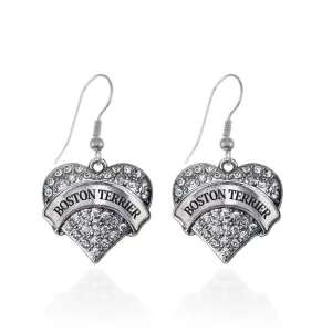 Silver Boston Terrier Pave Heart Charm Dangle Earrings